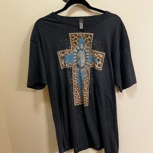 Western Black T-Shirt with Leopard Cross Design